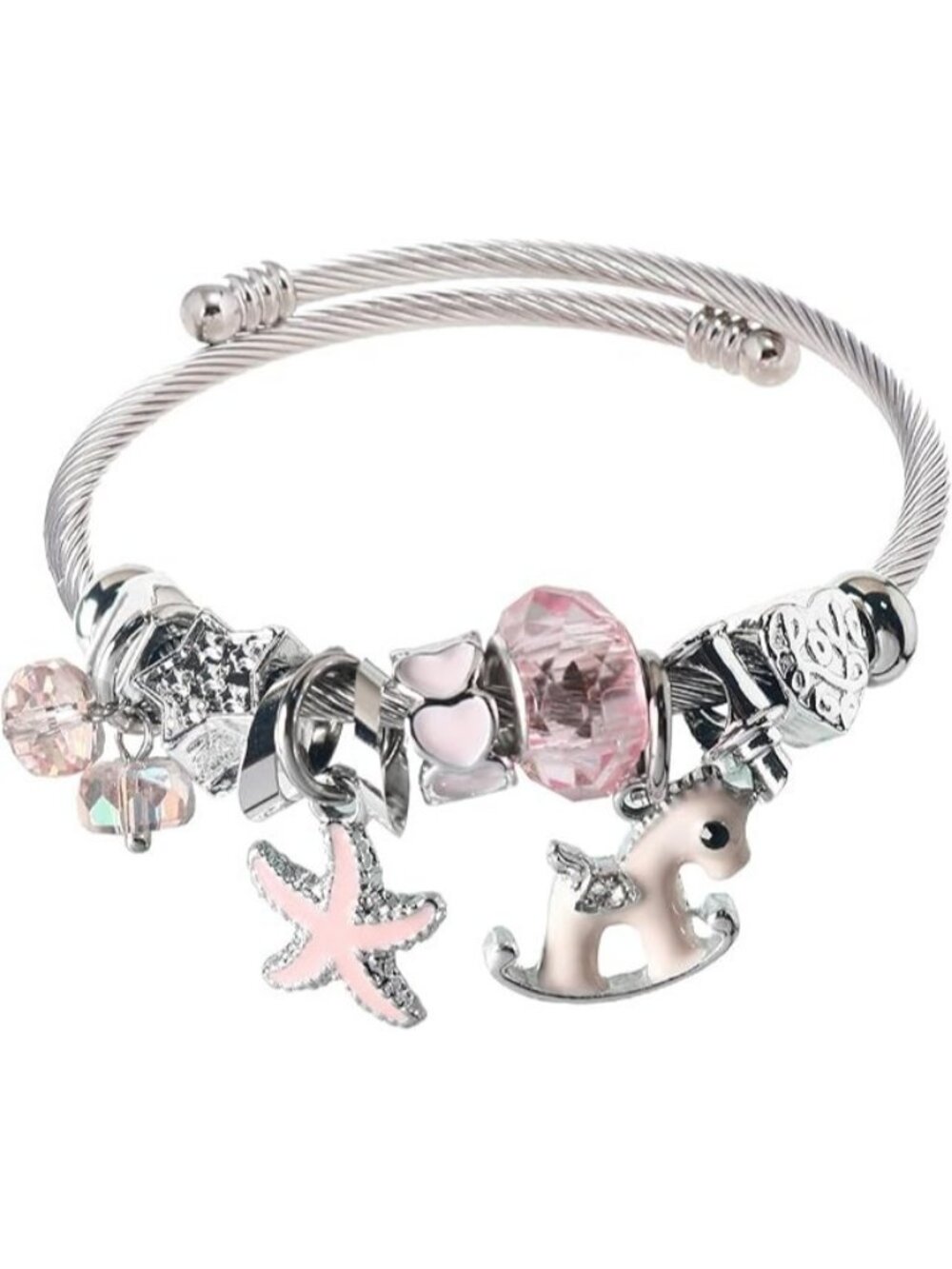 Silver Pink Pony Charm Bracelet Silver Stainless Steel Bangle